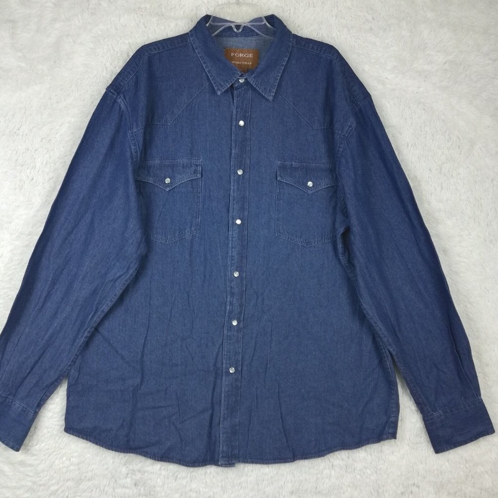 Forge Mens Shirt‎ Button Down Western Denim Blue Pearl Snaps Workwear 3X New